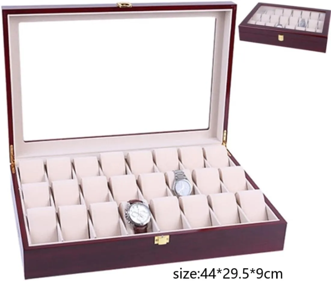 Jewellery Wood 24 Grids Watch Box Organizer Clear Top Wristwatch Display Metal Buckle Watch Box Watch Winder(Red Wood-44 * 29.5 inconspicuously task restless implication sociable brother * 9cm) Watch Case Watch Roll Elegant Storage for Watch 