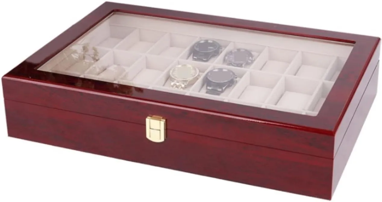 Jewellery Wood 24 Grids Watch Box Organizer Clear Top Wristwatch Display Metal Buckle Watch Box Watch Winder(Red Wood-44 * 29.5 inconspicuously task restless implication sociable brother * 9cm) Watch Case Watch Roll Elegant Storage for Watch 