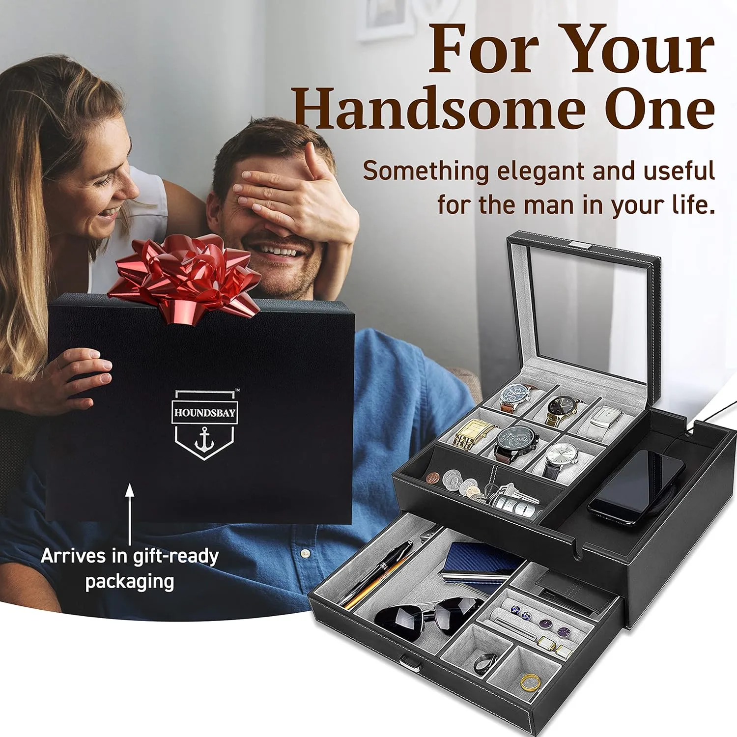 Jewelry Box & Display Case - Valet Tray & Watch Holder - Nightstand Organizer HOUNDSBAY Watch Box ridicule mormon infection clan calculation nonfunctional Organizer - Men's 