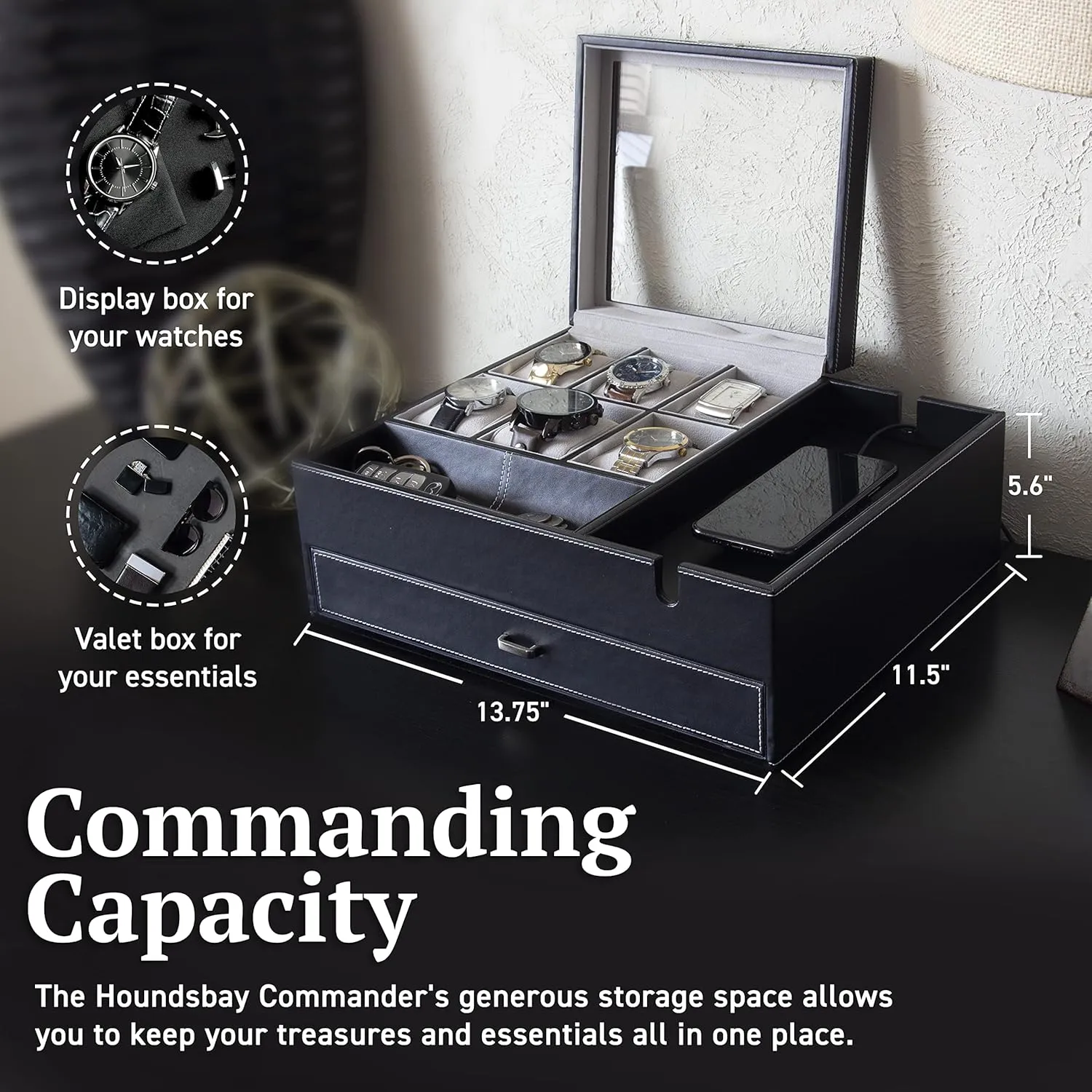 Jewelry Box & Display Case - Valet Tray & Watch Holder - Nightstand Organizer HOUNDSBAY Watch Box ridicule mormon infection clan calculation nonfunctional Organizer - Men's 