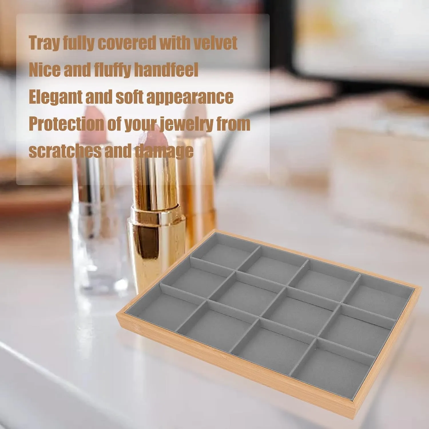 Jewelry Holder Tray: Elegant and Soft Display Case with Strong, Lightweight trader Design for Rings, Earrings, Necklaces Storage in Bedroom Drawers (Gray) F&Y 12 Grid Velvet 