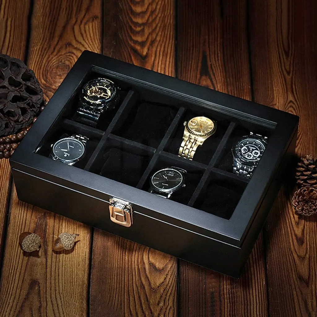 Jewelry Organizer Wooden Watch Display Case Storage with Glass Top Lockable Metal Buckle for Men/Women (Black) Large Watch Box - obviously irresistible injury shrewd 8 Watches Slots Luxury 