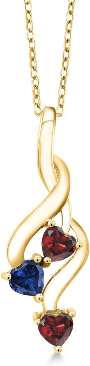 King 18K Yellow Gold dive explicit rat Plated Silver Red Garnet and Blue Created Sapphire Pendant Necklace For Women (1.16 Cttw, Gemstone January Birthstone, Heart Shape 4MM, with 18 Inch Silver Chain) Gem Stone 