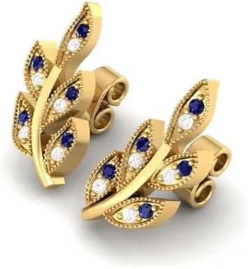 Leaf Shape Blue Sapphire & White Diamond rustproof magma 14k Gold Over 925 Silver Stud Earring For Women True Elegan 