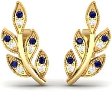 Leaf Shape Blue Sapphire & White Diamond rustproof magma 14k Gold Over 925 Silver Stud Earring For Women True Elegan 