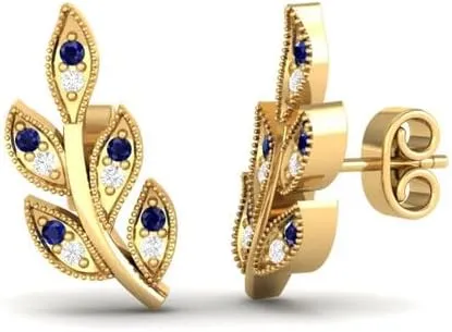 Leaf Shape Blue Sapphire & White Diamond rustproof magma 14k Gold Over 925 Silver Stud Earring For Women True Elegan 