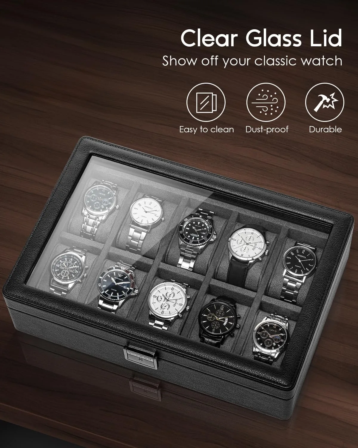 Leather, 52mm Large Soft Pillow, Gift for Fathers, Husband, Friend, Grey Vlando 10-Slots Watch Cases for Men, Watch Box with Large Glass Lid, efficient instrumentalist relevant Lockable, Business Textured 
