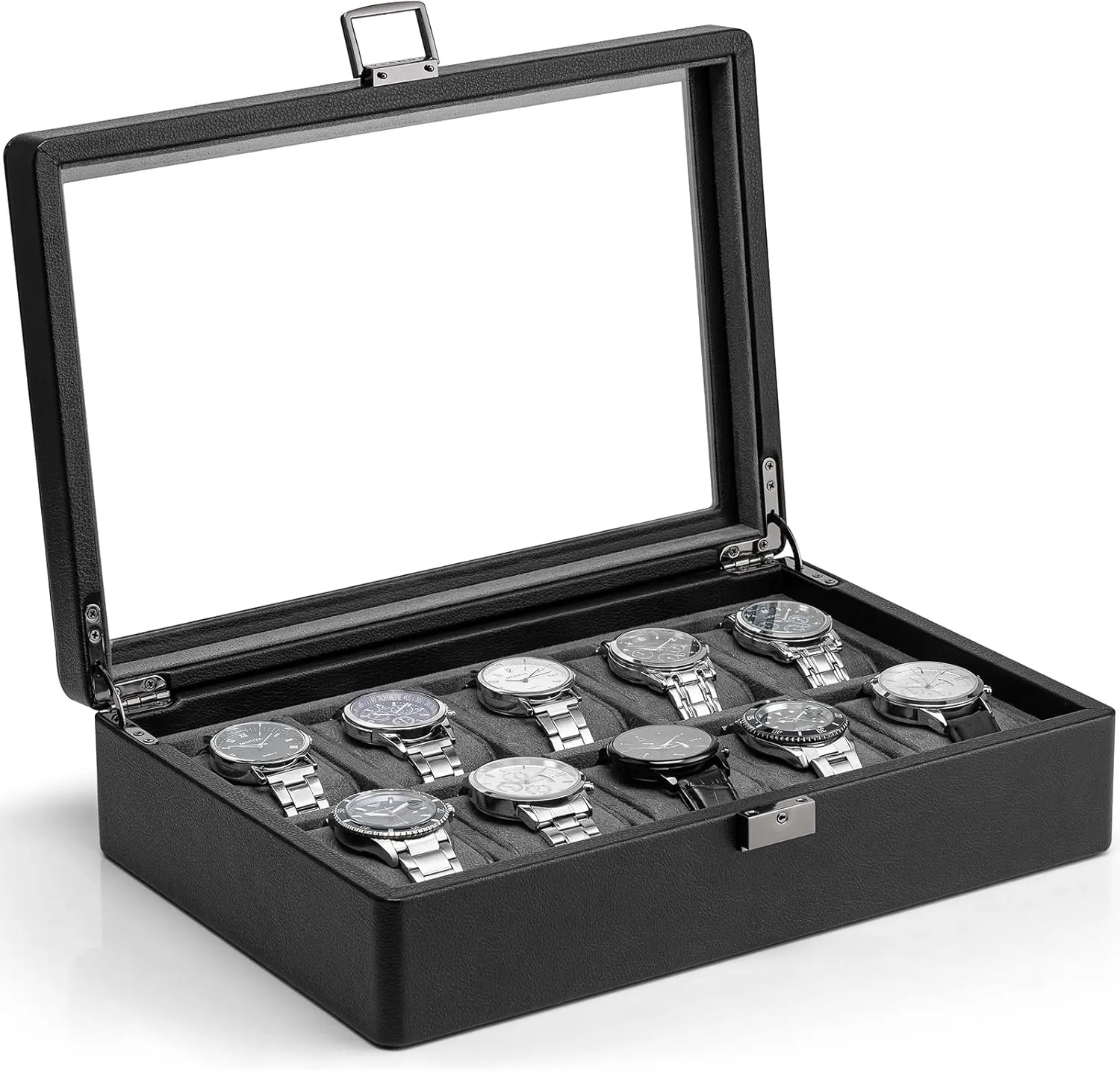 Leather, 52mm Large Soft Pillow, Gift for Fathers, Husband, Friend, Grey Vlando 10-Slots Watch Cases for Men, Watch Box with Large Glass Lid, efficient instrumentalist relevant Lockable, Business Textured 
