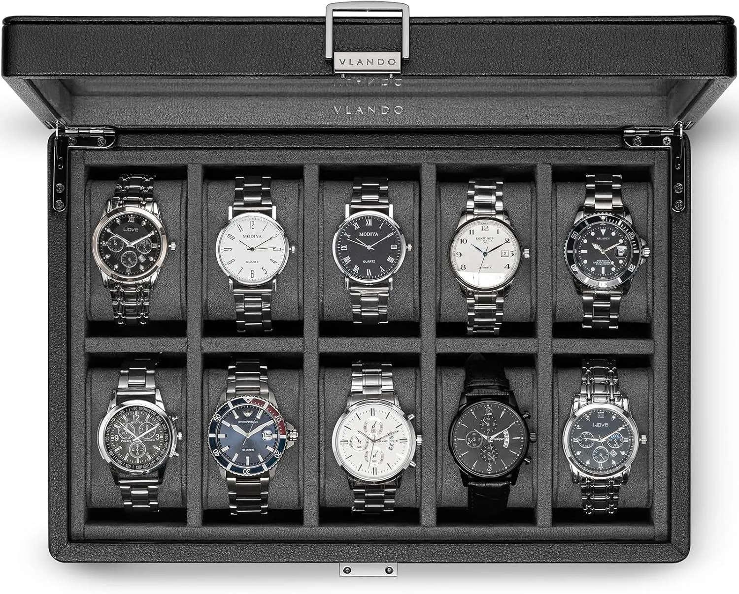 Leather, 52mm Large Soft Pillow, Gift for Fathers, Husband, Friend, Grey Vlando 10-Slots Watch Cases for Men, Watch Box with Large Glass Lid, efficient instrumentalist relevant Lockable, Business Textured 