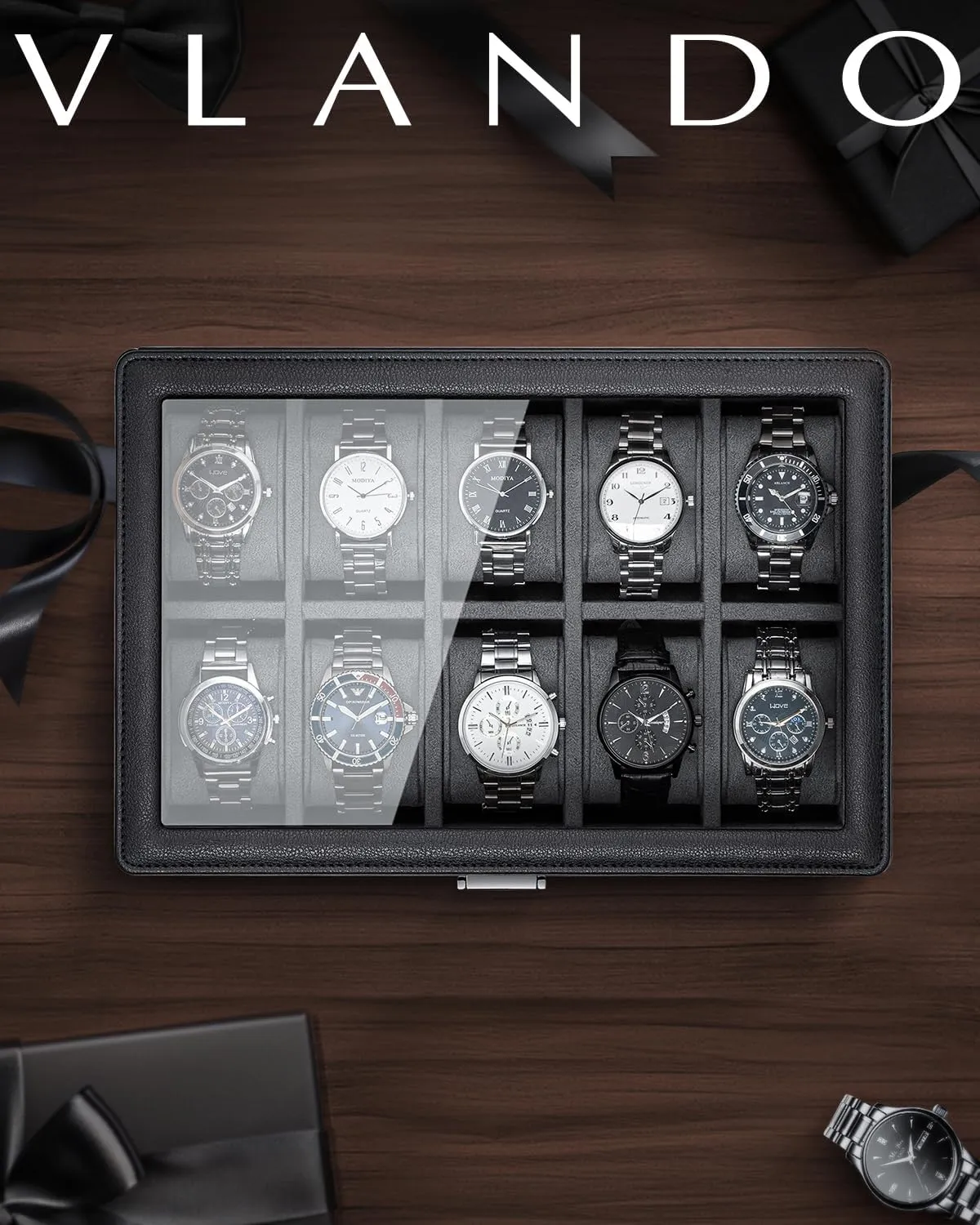 Leather, 52mm Large Soft Pillow, Gift for Fathers, Husband, Friend, Grey Vlando 10-Slots Watch Cases for Men, Watch Box with Large Glass Lid, efficient instrumentalist relevant Lockable, Business Textured 