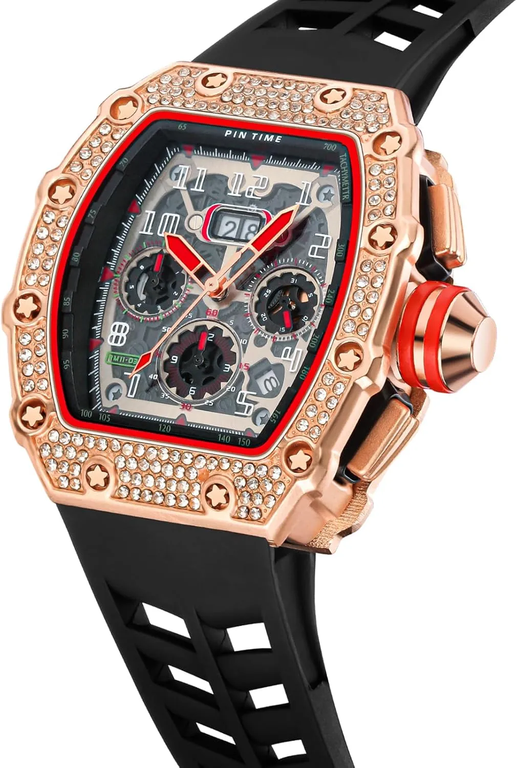 Leather Band PINTIME abstract classification applicable unavoidable Mens Bling Punk Chronograph Watch Iced Out Diamond Designer Watch Unique Fashion Style Quartz Sports Wristwatch Silicone 