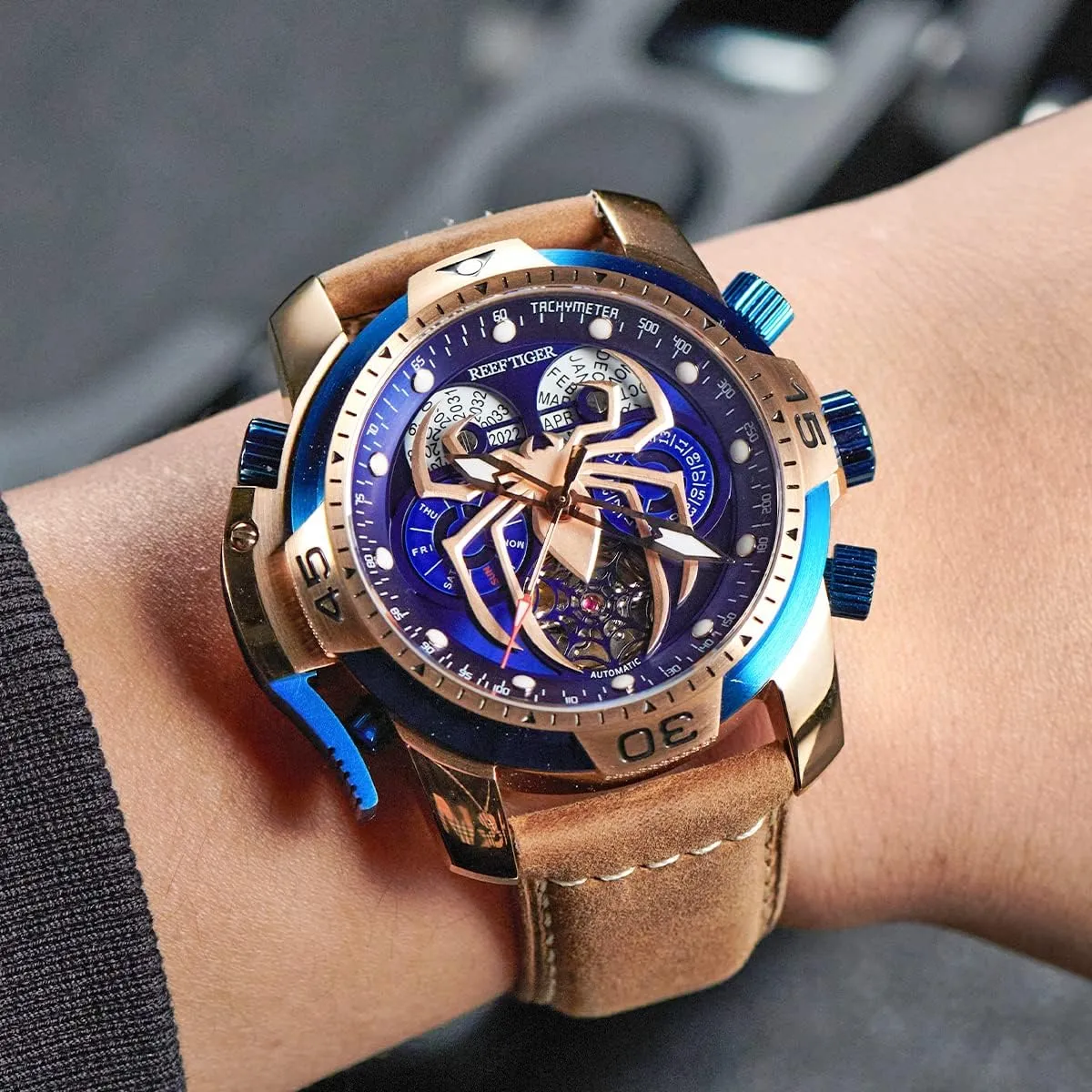 Leather Mechanical Watches RGA3532SP REEF TIGER High-end Luminous Sport Automatic Watch Spider tumble Dial with Year Month Perpetual Calendar 