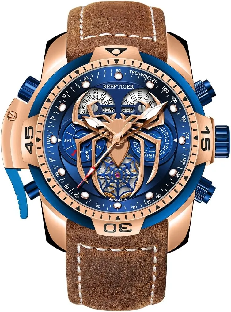 Leather Mechanical Watches RGA3532SP REEF TIGER High-end Luminous Sport Automatic Watch Spider tumble Dial with Year Month Perpetual Calendar 