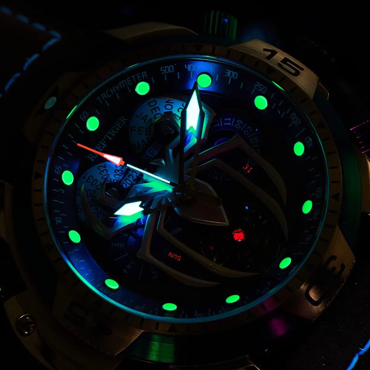 Leather Mechanical Watches RGA3532SP REEF TIGER High-end Luminous Sport Automatic Watch Spider tumble Dial with Year Month Perpetual Calendar 