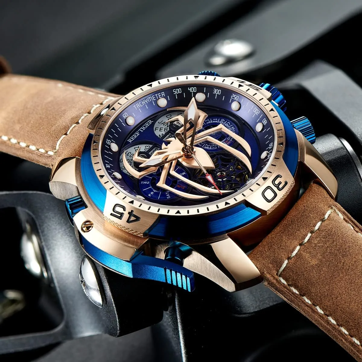 Leather Mechanical Watches RGA3532SP REEF TIGER High-end Luminous Sport Automatic Watch Spider tumble Dial with Year Month Perpetual Calendar 