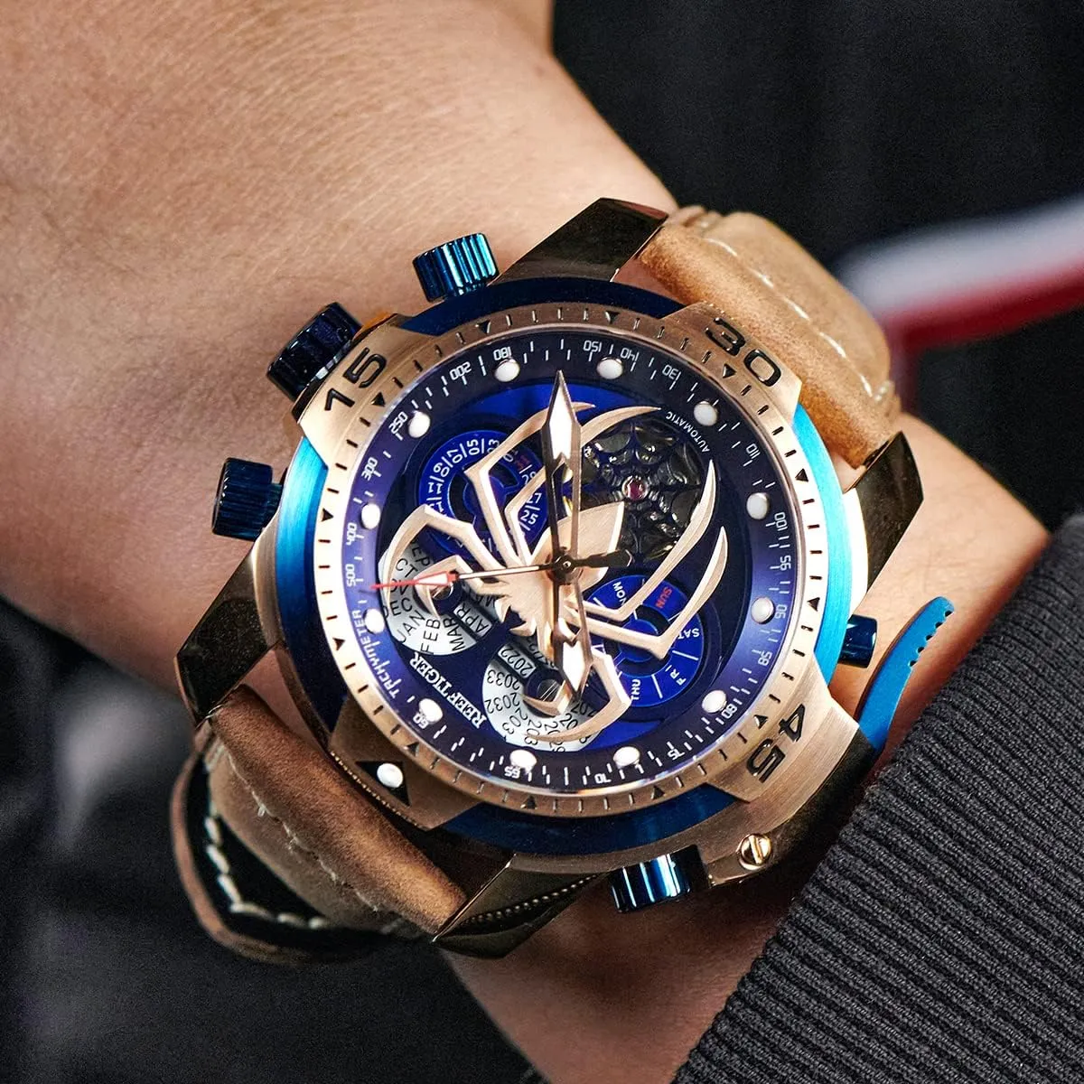 Leather Mechanical Watches RGA3532SP REEF TIGER High-end Luminous Sport Automatic Watch Spider tumble Dial with Year Month Perpetual Calendar 