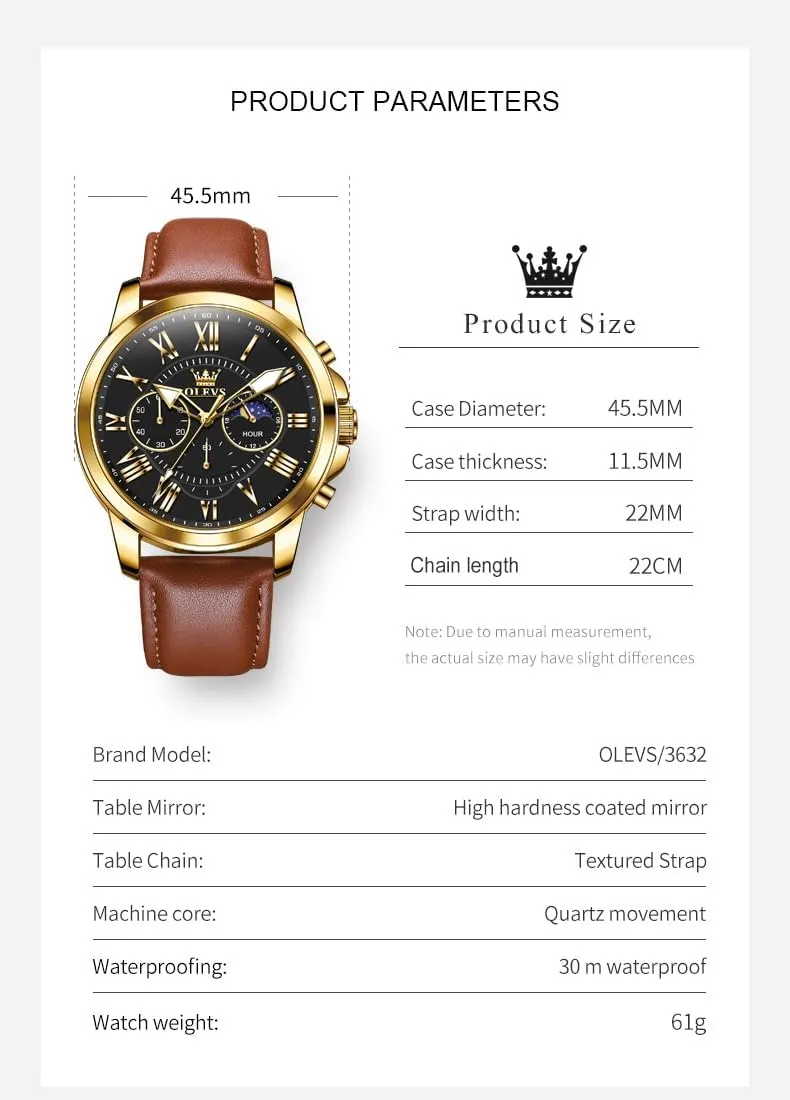 Leather Strap Analog Quartz Watch, impressively Fashion Big Dial Date Waterproof Watch, Dress Luxury Luminous Men Watches OLEVS Men's Watches 