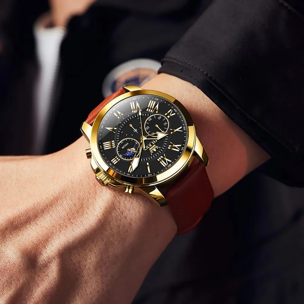 Leather Strap Analog Quartz Watch, impressively Fashion Big Dial Date Waterproof Watch, Dress Luxury Luminous Men Watches OLEVS Men's Watches 