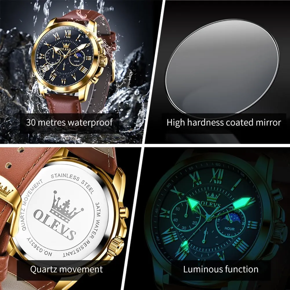 Leather Strap Analog Quartz Watch, impressively Fashion Big Dial Date Waterproof Watch, Dress Luxury Luminous Men Watches OLEVS Men's Watches 
