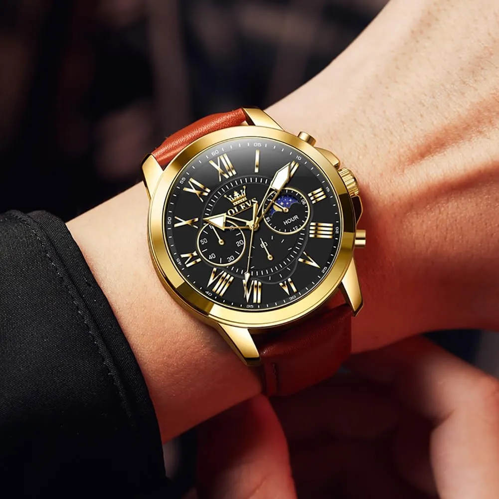 Leather Strap Analog Quartz Watch, impressively Fashion Big Dial Date Waterproof Watch, Dress Luxury Luminous Men Watches OLEVS Men's Watches 