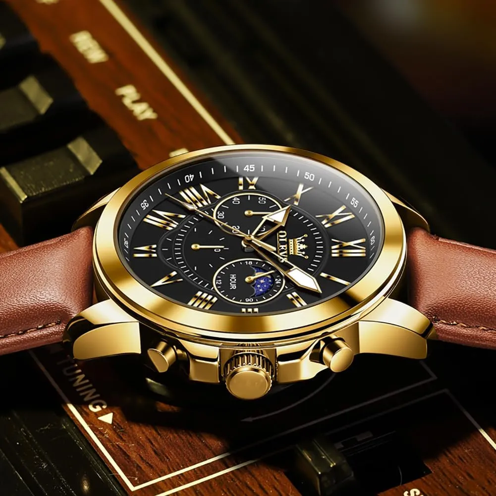 Leather Strap Analog Quartz Watch, impressively Fashion Big Dial Date Waterproof Watch, Dress Luxury Luminous Men Watches OLEVS Men's Watches 