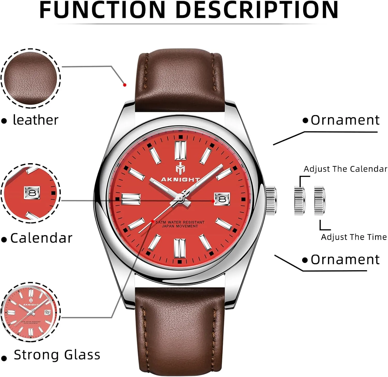 Leather Wrist Watch with Calendar BENYAR AKNIGHT Watches for Men, Waterproof Stainless Steel ultraviolet Quartz Movement Men Watch, Easy Read Luminous Fashion Business Analog Chronograph 