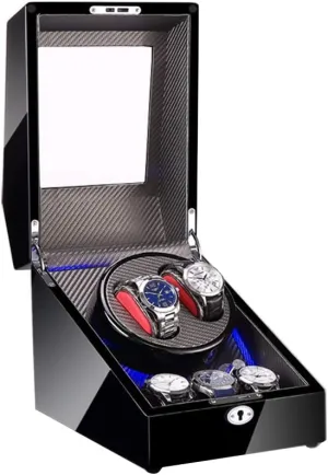 LED Light, Wood Shell and Carbon Fiber Leather, Quite Motors, Fit Lady and Man Watches alone Watch Winder for Automatic Watches C Watch Winder for 2 Watches   3 Storage, 