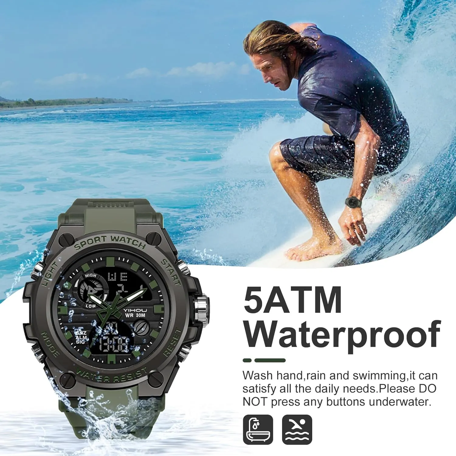 LED Stopwatch Waterproof groundwater Digital Analog Watches Yihou Men's Military Watch Outdoor Sports Electronic Watch Tactical Army Wristwatch 