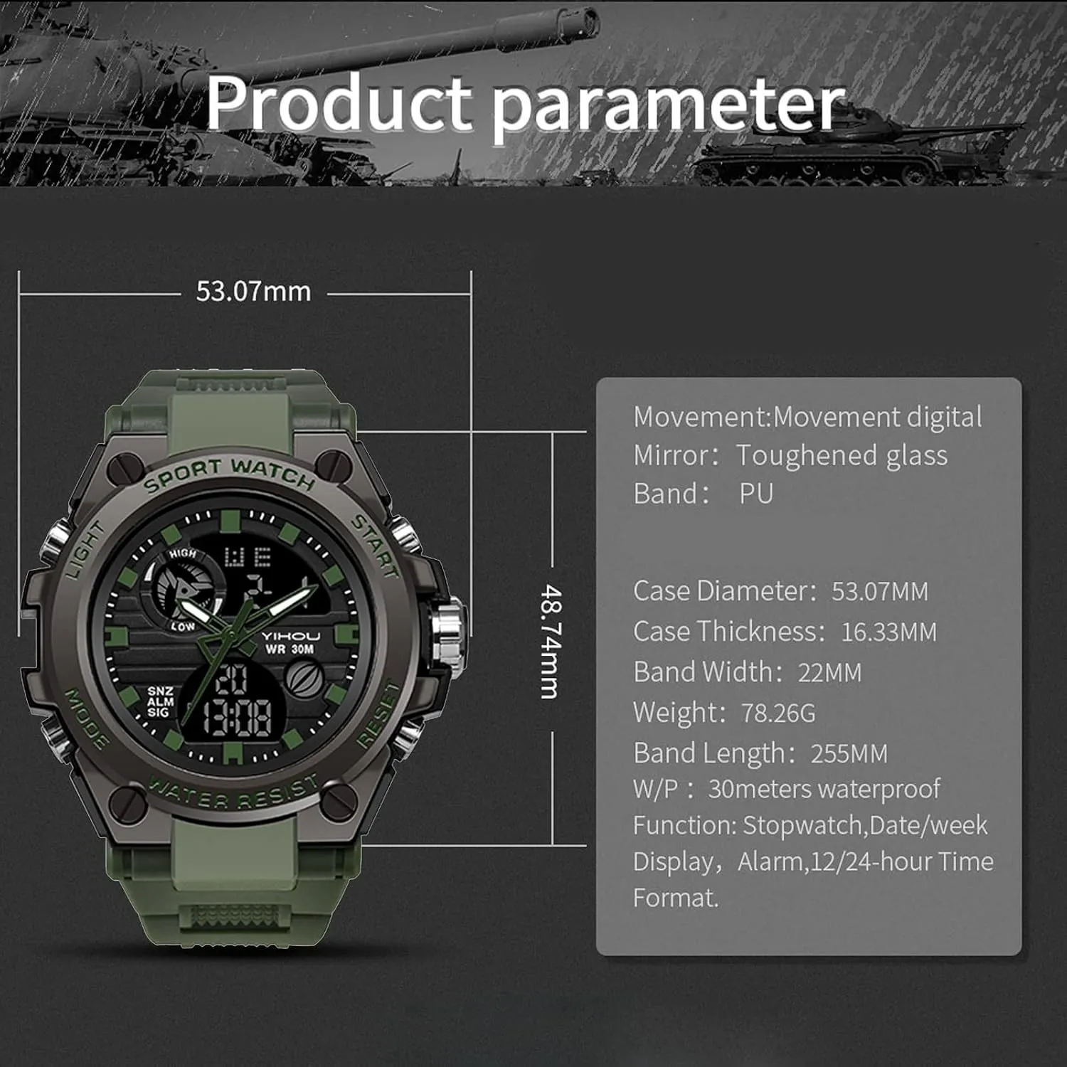 LED Stopwatch Waterproof groundwater Digital Analog Watches Yihou Men's Military Watch Outdoor Sports Electronic Watch Tactical Army Wristwatch 