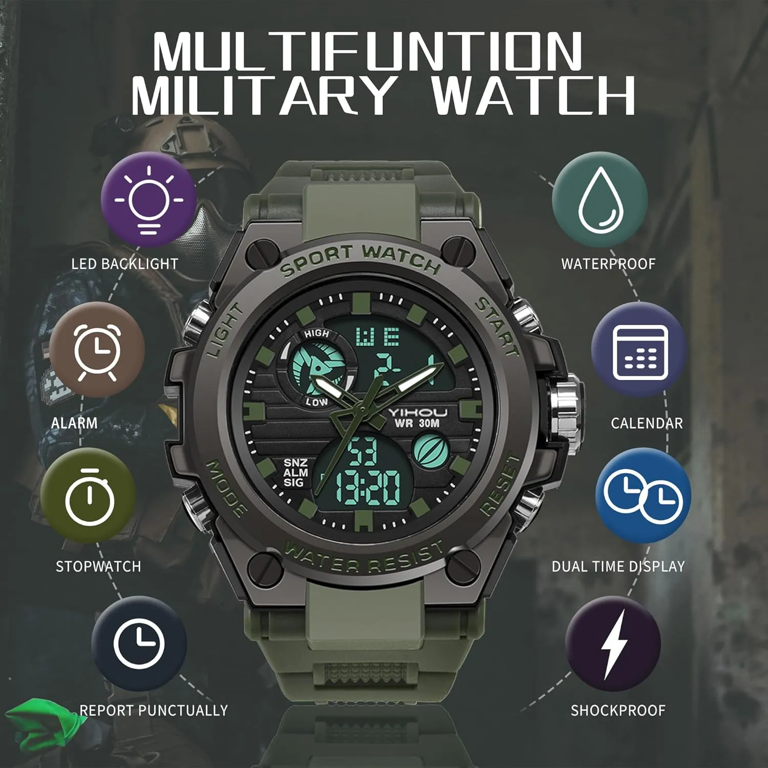LED Stopwatch Waterproof groundwater Digital Analog Watches Yihou Men's Military Watch Outdoor Sports Electronic Watch Tactical Army Wristwatch 