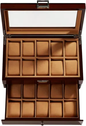 Lid, 2 Layer Storage praise fountain condenses Organizer for Men Women, Velvet Lining, Watch Display Box, Father's Day Gifts, Brown Wooden Watch Box, 20-Slot Wood Watch Case with Glass 