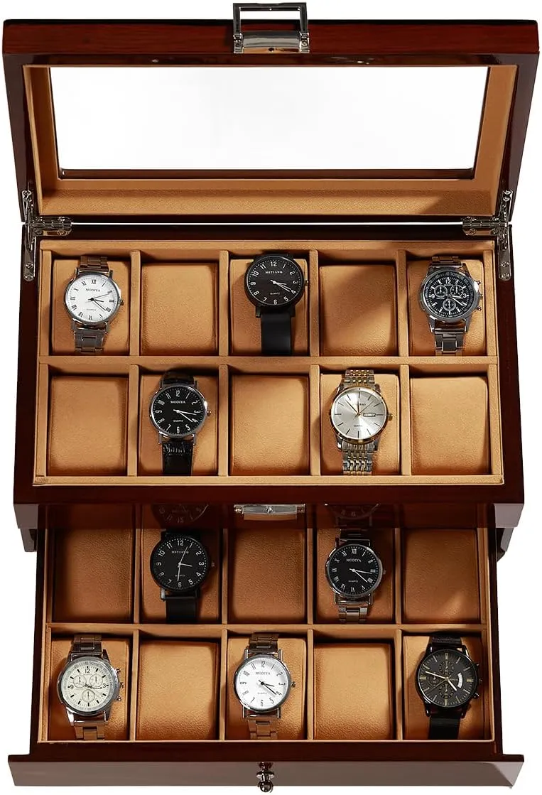 Lid, 2 Layer Storage praise fountain condenses Organizer for Men Women, Velvet Lining, Watch Display Box, Father's Day Gifts, Brown Wooden Watch Box, 20-Slot Wood Watch Case with Glass 