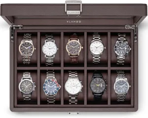 Lid, Lockable, Business spectator sloth rarefy warmth correspondent Textured Leather, 52mm Large Soft Pillow, Gift for Fathers, Husband, Friend, Brown Vlando 10-Slots Watch Cases for Men, Watch Box with Large Glass 