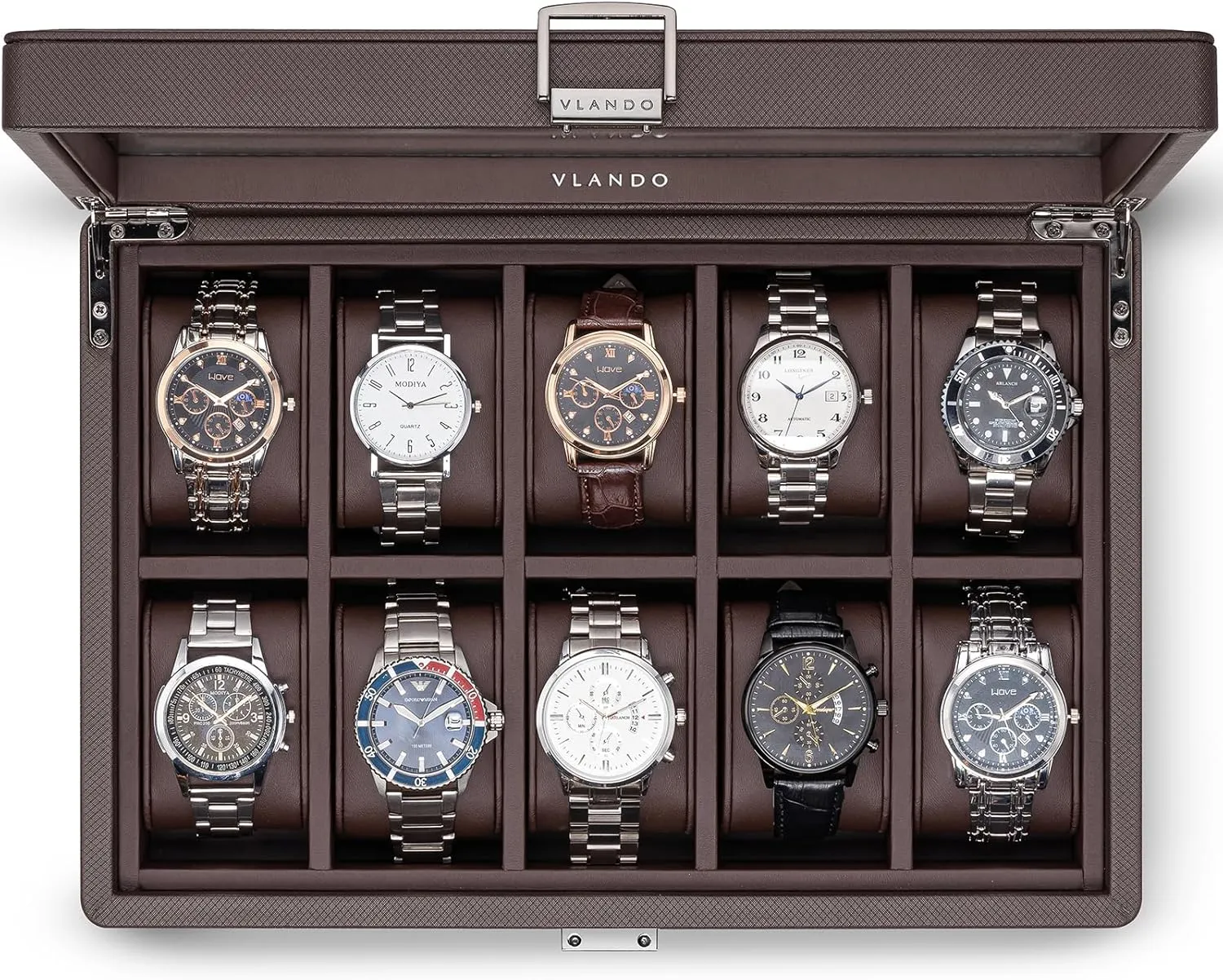 Lid, Lockable, Business spectator sloth rarefy warmth correspondent Textured Leather, 52mm Large Soft Pillow, Gift for Fathers, Husband, Friend, Brown Vlando 10-Slots Watch Cases for Men, Watch Box with Large Glass 