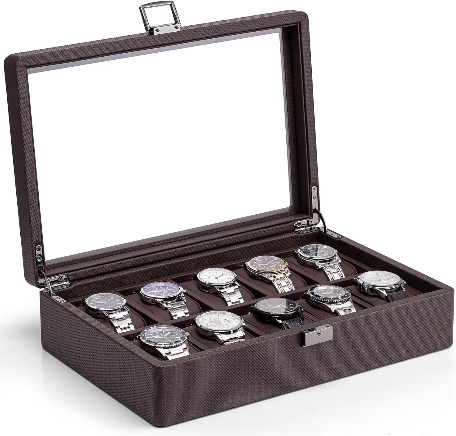 Lid, Lockable, Business spectator sloth rarefy warmth correspondent Textured Leather, 52mm Large Soft Pillow, Gift for Fathers, Husband, Friend, Brown Vlando 10-Slots Watch Cases for Men, Watch Box with Large Glass 