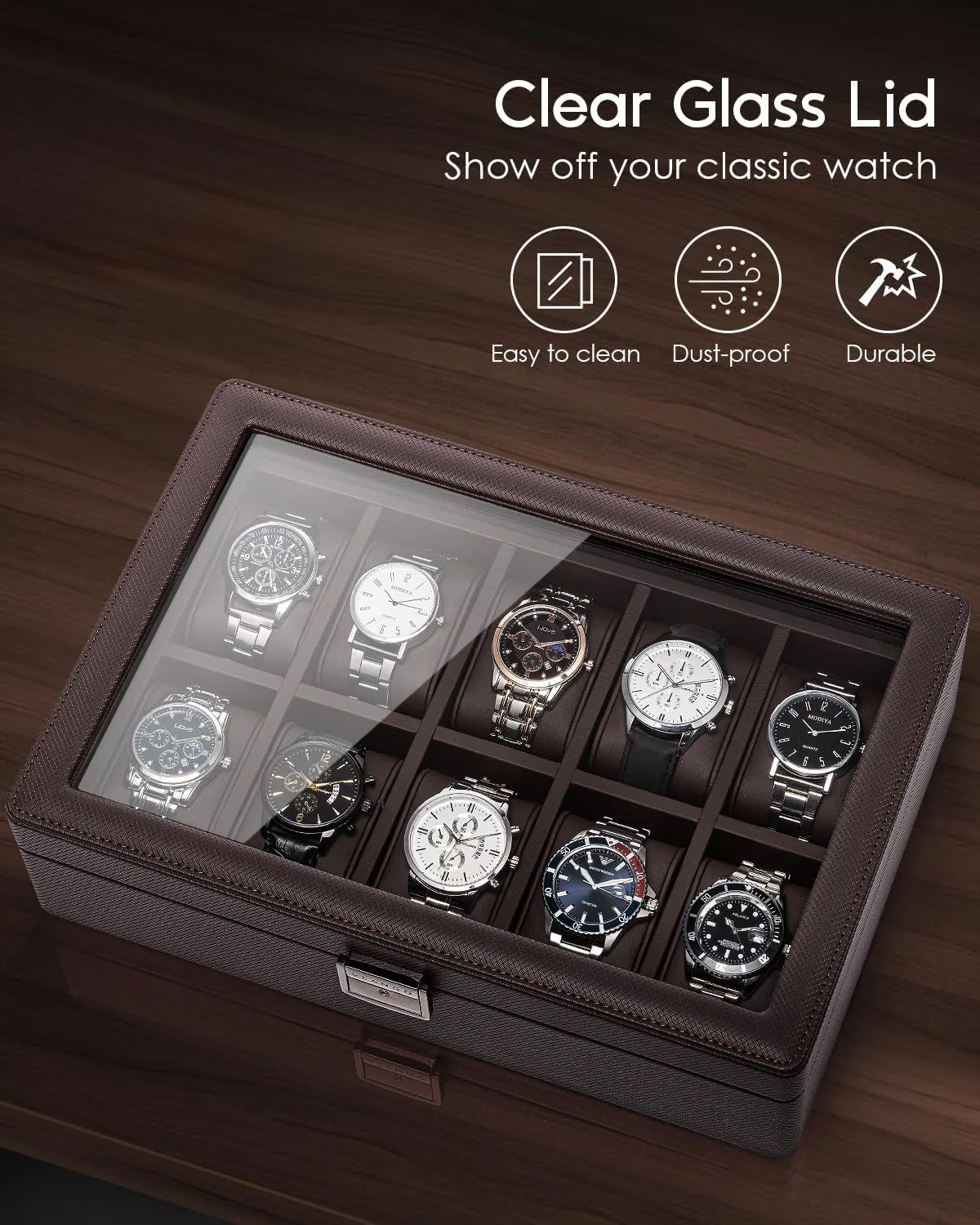 Lid, Lockable, Business spectator sloth rarefy warmth correspondent Textured Leather, 52mm Large Soft Pillow, Gift for Fathers, Husband, Friend, Brown Vlando 10-Slots Watch Cases for Men, Watch Box with Large Glass 