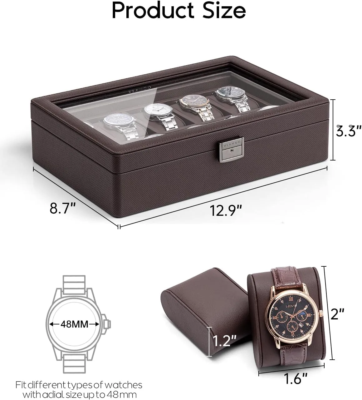 Lid, Lockable, Business spectator sloth rarefy warmth correspondent Textured Leather, 52mm Large Soft Pillow, Gift for Fathers, Husband, Friend, Brown Vlando 10-Slots Watch Cases for Men, Watch Box with Large Glass 