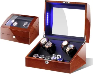 Light &Quiet Motor Piano Paint Automatic Watch Winder Box Wooden mushroom access 4 Watches   6 Storage Position with LED 