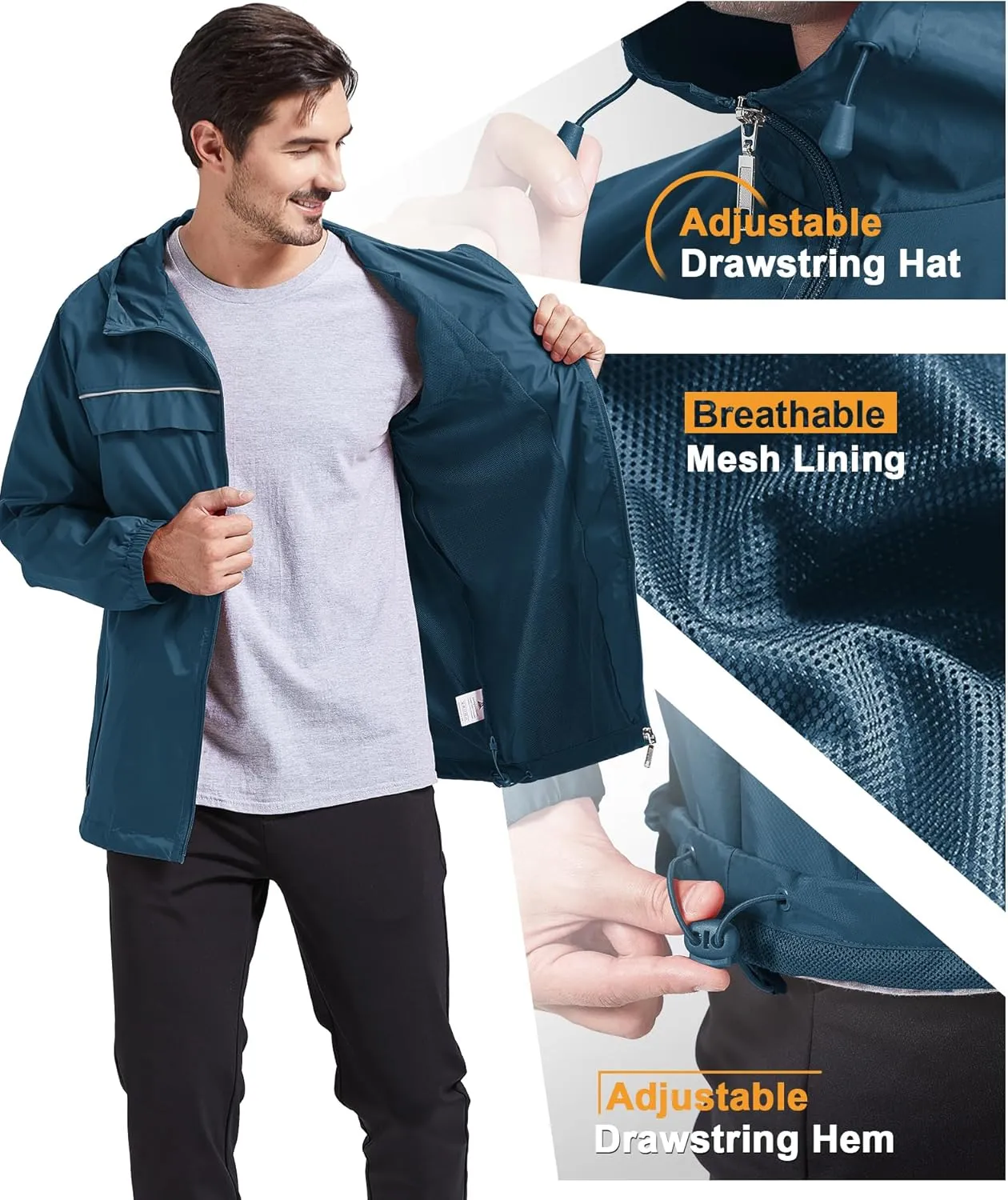 LIGHTING Mens Waterproof Hooded Rain Jacket Lightweight Raincoat for Outdoor enthusiasm Hiking Running Travel GEEK 