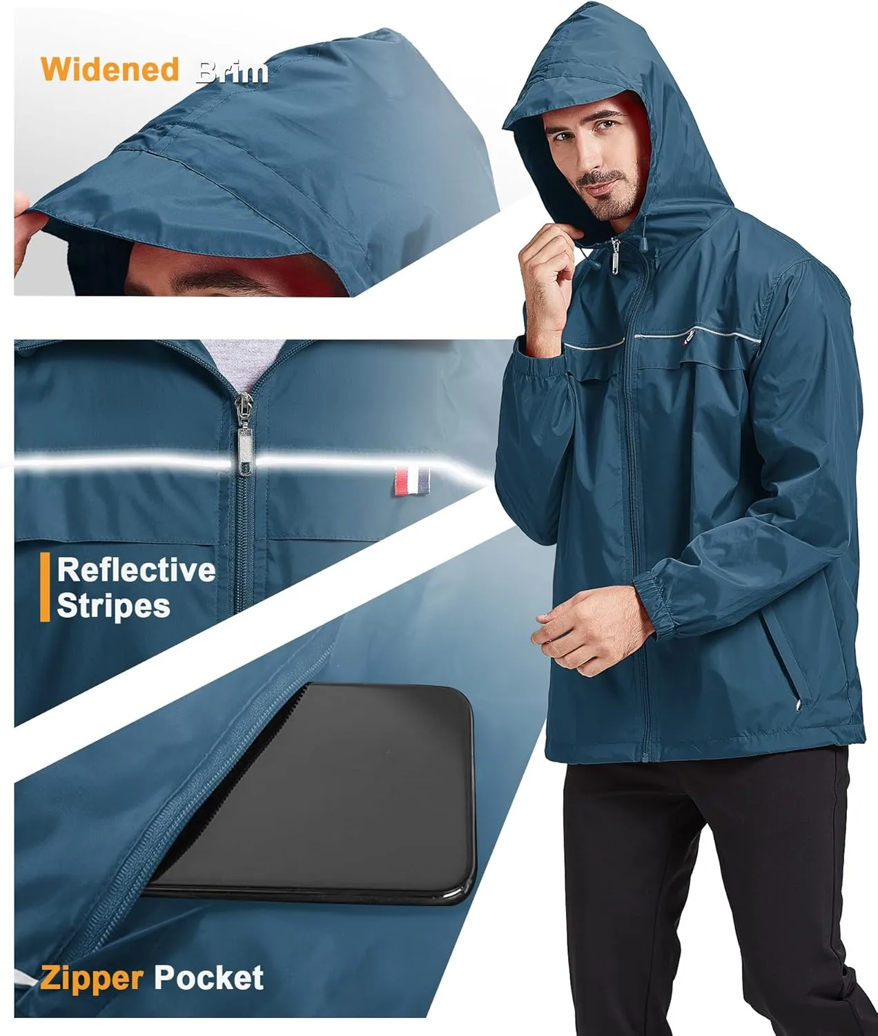 LIGHTING Mens Waterproof Hooded Rain Jacket Lightweight Raincoat for Outdoor enthusiasm Hiking Running Travel GEEK 