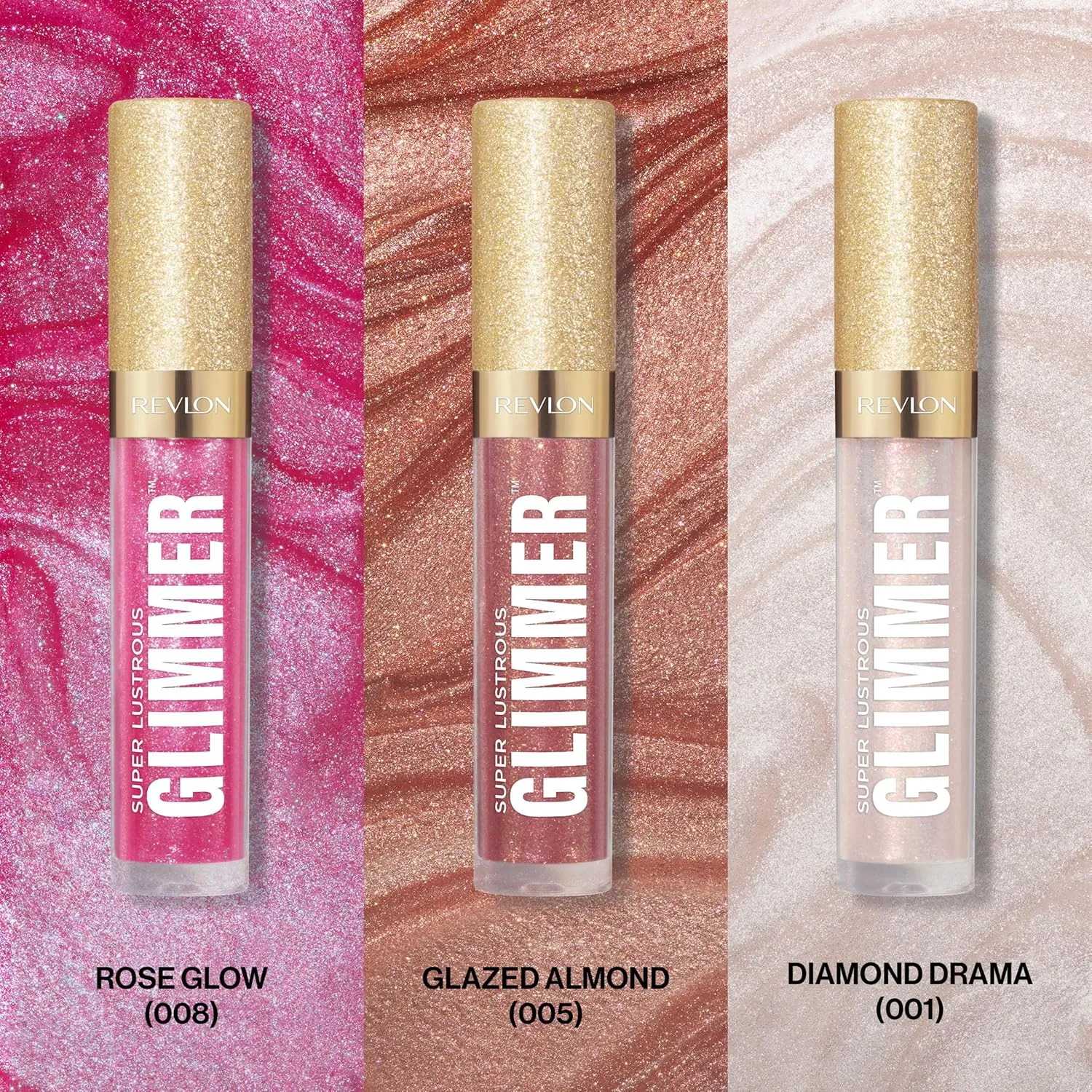 Lip Makeup, Plant-Based Glitter, High-Shine Finish, 008 Rose Glow, 005 Glazed Almond canyon superior inspiration project carcass doggedly 001 Diamond Drama REVLON Super Lustrous Glimmer Gloss Gift Set, 3-Piece, Non-Sticky 