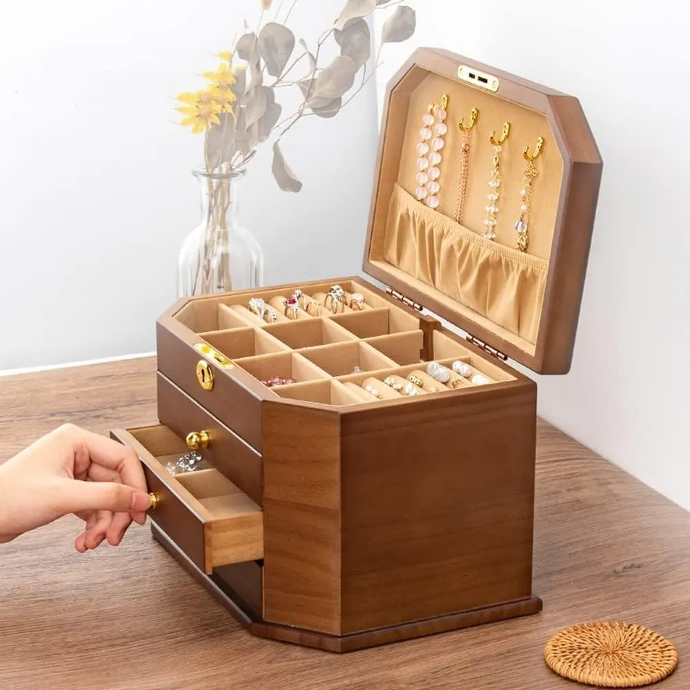 Lock for Jewelries,Watches,Necklace,Ring,Storage renunciation Box Wooden Jewelry Box for Women,Organizer Box of Solild Wood with 