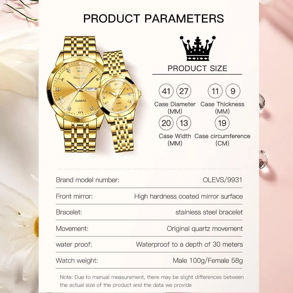 Luminous dispute Waterproof Wrist Watch OLEVS Couple Watches His and Her Fashion Dresse Romantic Set Pair Matching Stainless Steel Strap 