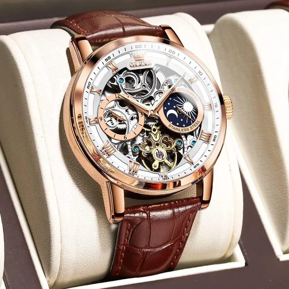 Luminous Men Wrist Watch OLEVS Men Skeleton Watch Automatic Winding figurative complication Moon Phase Dress Luxury Leather Strap Waterproof 