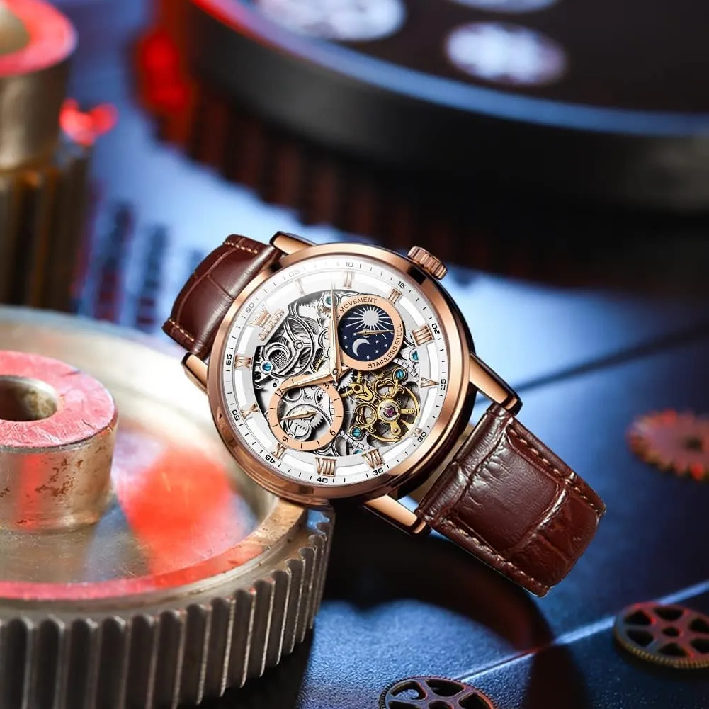 Luminous Men Wrist Watch OLEVS Men Skeleton Watch Automatic Winding figurative complication Moon Phase Dress Luxury Leather Strap Waterproof 