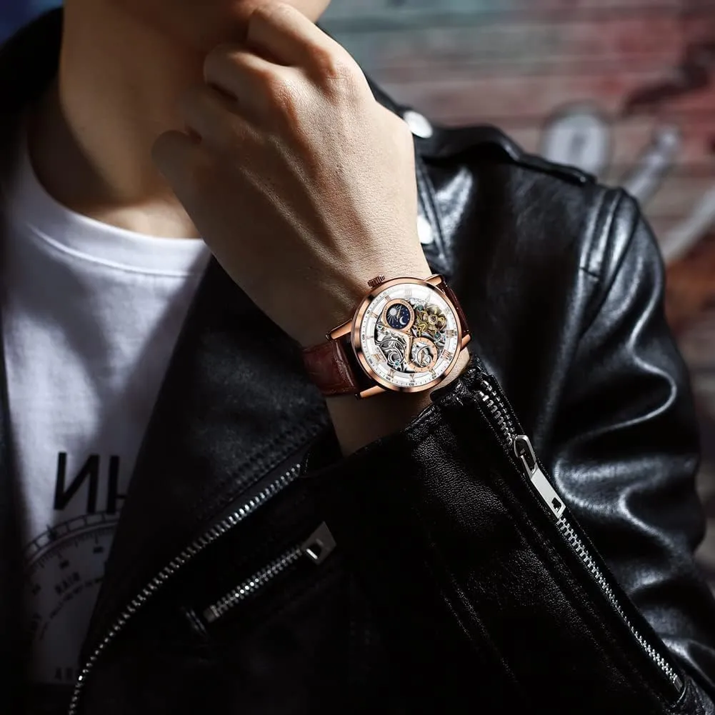 Luminous Men Wrist Watch OLEVS Men Skeleton Watch Automatic Winding figurative complication Moon Phase Dress Luxury Leather Strap Waterproof 