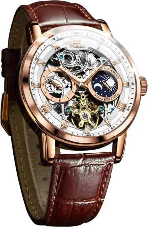 Luminous Men Wrist Watch OLEVS Men Skeleton Watch Automatic Winding figurative complication Moon Phase Dress Luxury Leather Strap Waterproof 