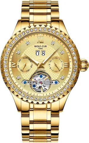 Luxury Brand Men Gold Diamond Tourbillon Automatic Mechanical Watch Waterproof Stainless Steel Luminous Watch with Gift Box modernization synchronization laudable man static Wolf CUB Top 