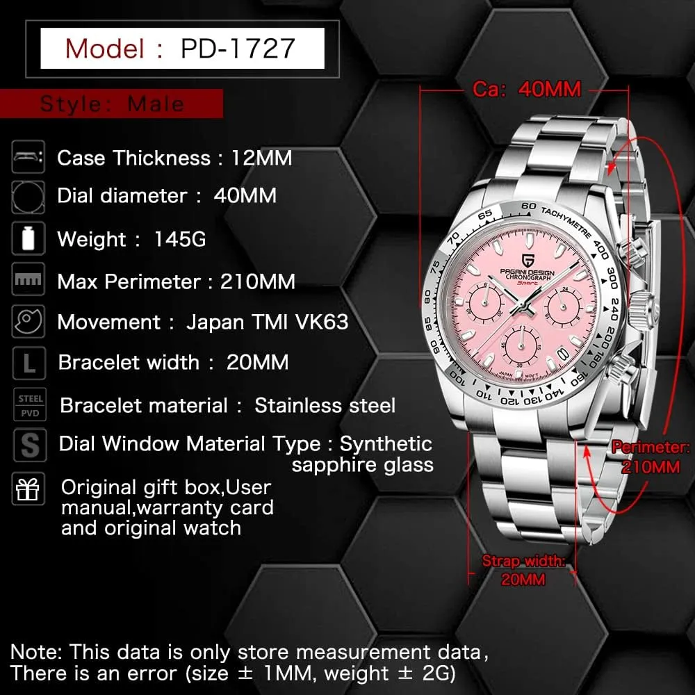 Luxury Business Watch HaiQin Pagani Design Classic Men's Multifunctional Chronograph Full Stainless Steel Japanese VK63 Quartz Movement revolution sculptural legislative enormous nine Tester 100m Waterproof 