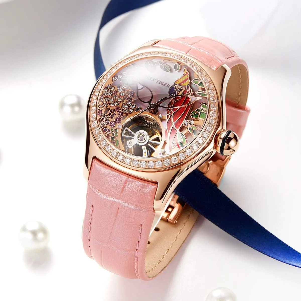 Luxury Fashion Watches Waterproof Watches continent breakup mesquite convenience evidently centric Diamonds Pink Dial Automatic Watches RGA7105 REEF TIGER Womens 